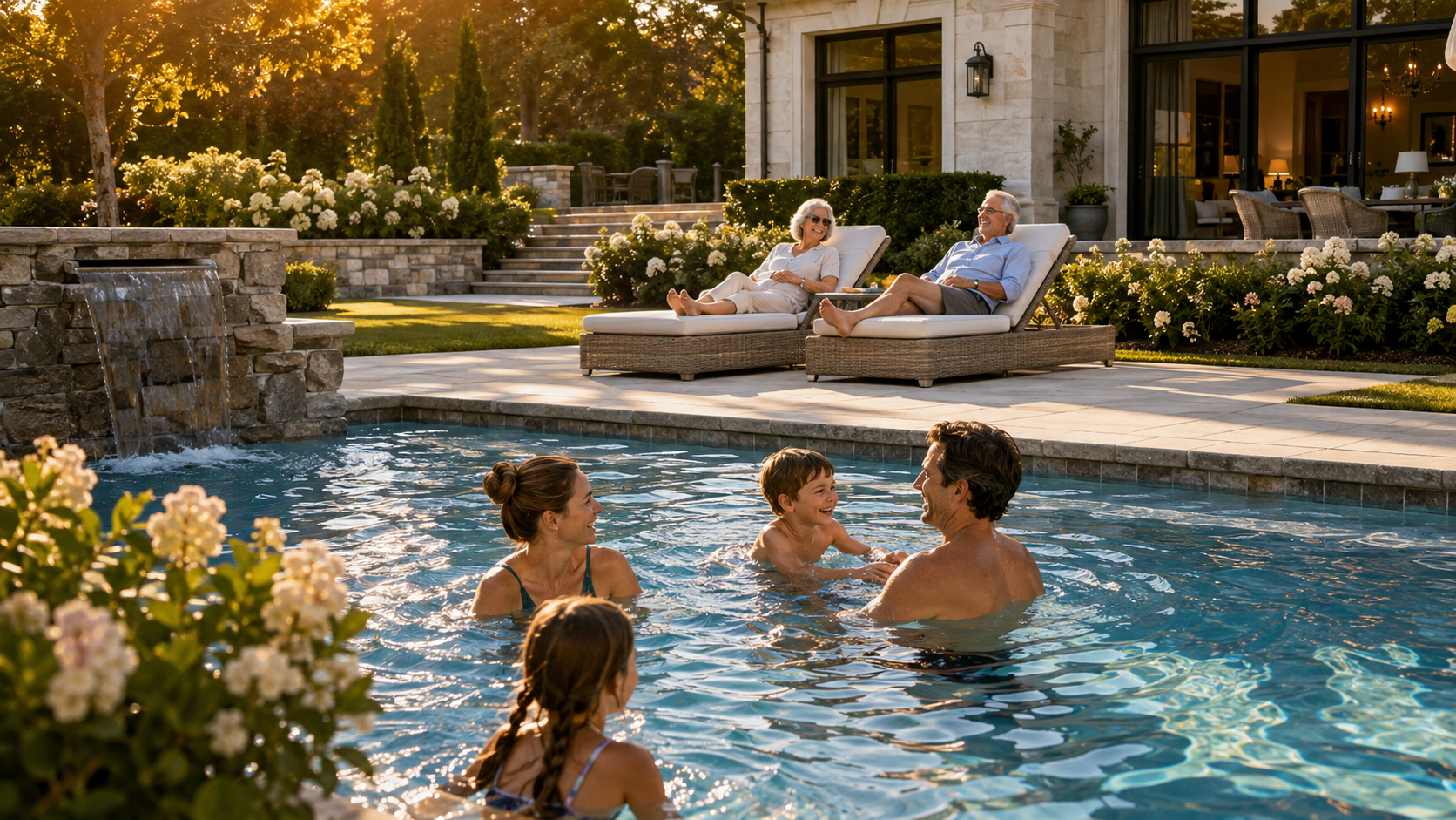 Family relaxing around a heated pool